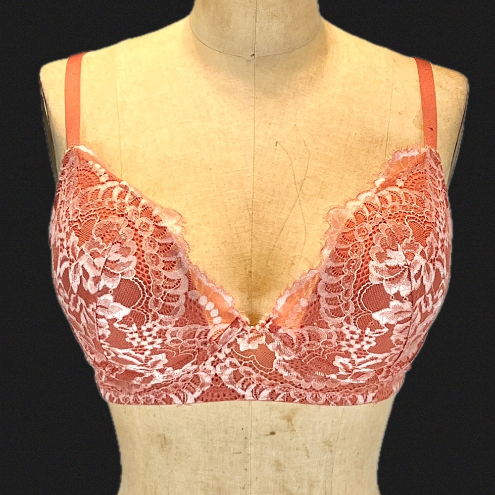 Beyond Sexy coral lace floral bra 36D padded‎ plunge cleavage La Senza lingerie